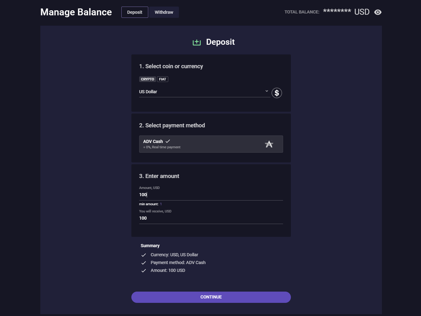 The TimeX Deposit Interface. Choose ‘FIAT’ to deposit USD free of charge